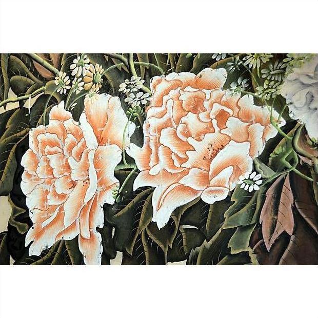 Peach-orange peonies and small white flowers with green leaves on silk, Chinese painting design.