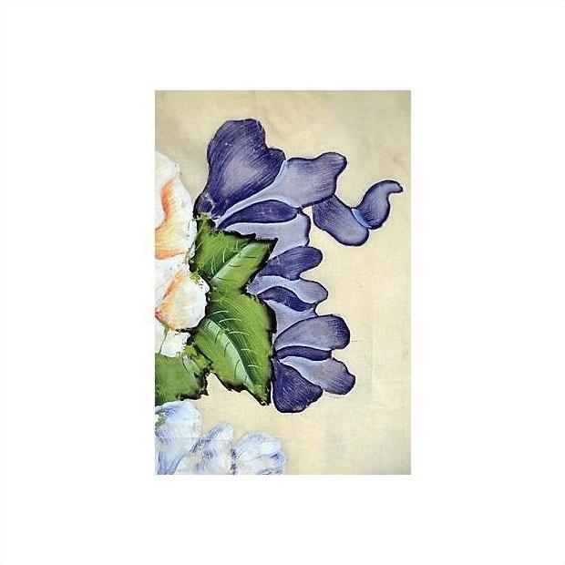 Purple and white flowers with greenery on silk, partial view on light beige background, Chinese painting.