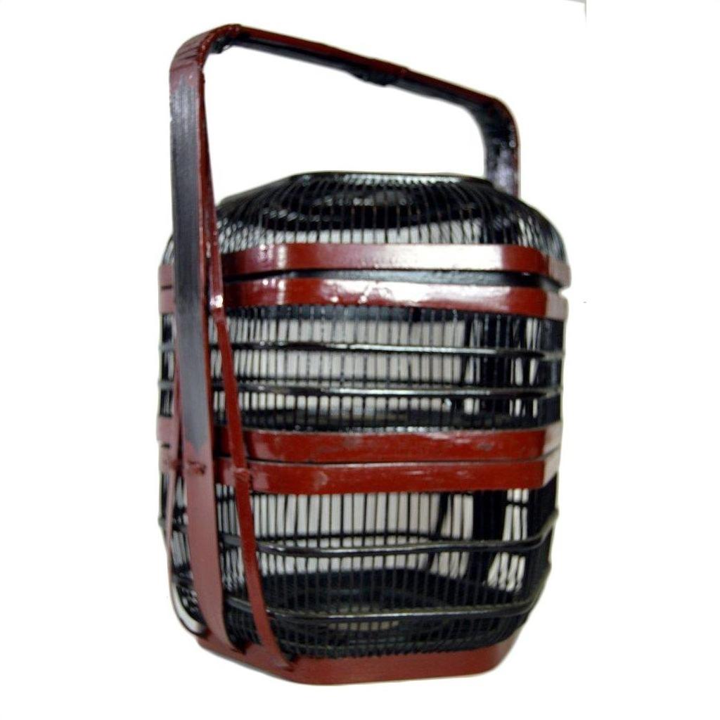 Close-up of black and brown woven bamboo Chinese picnic basket with handle, in very good condition.