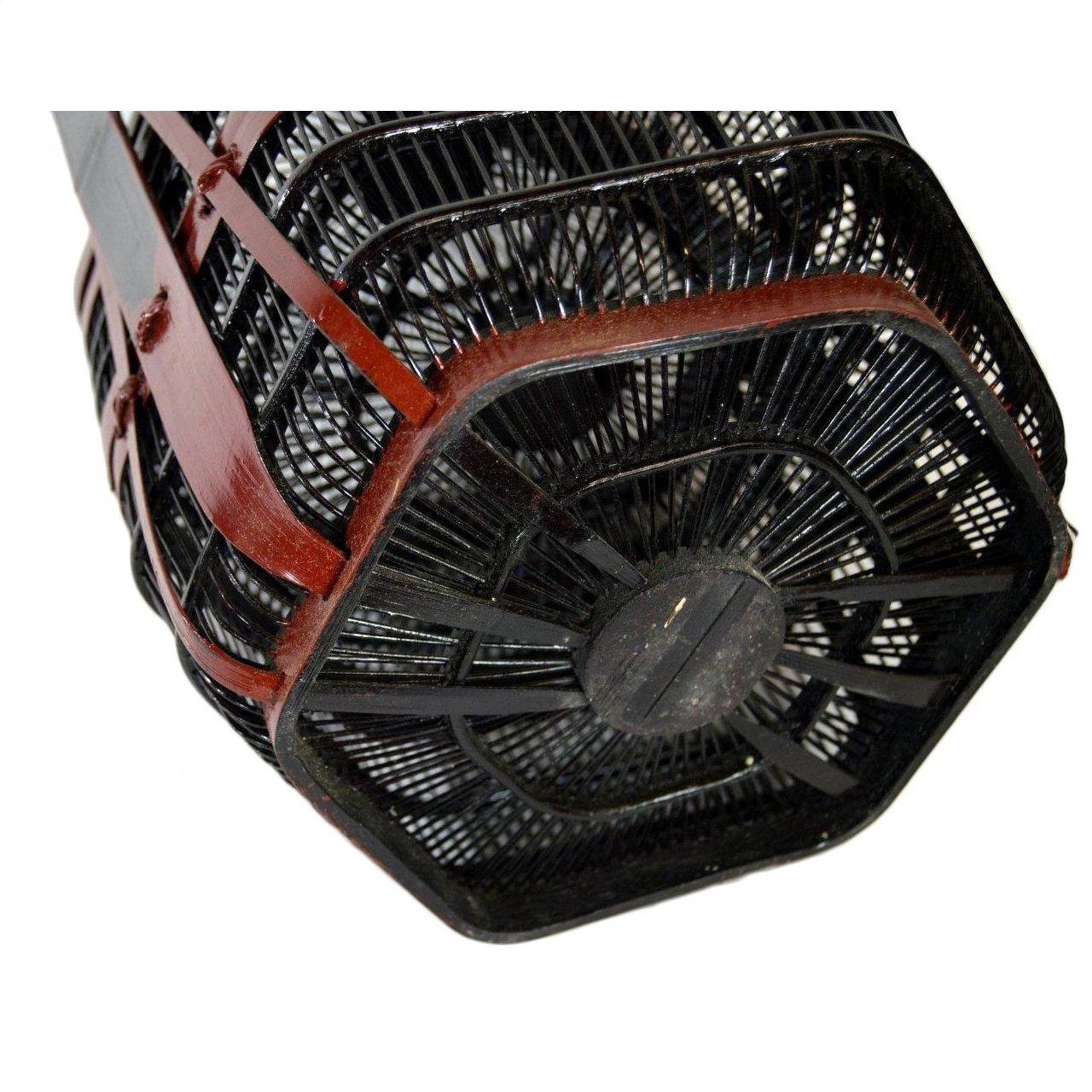 Black and brown hexagonal wire Chinese picnic basket, bottom view, on white background.