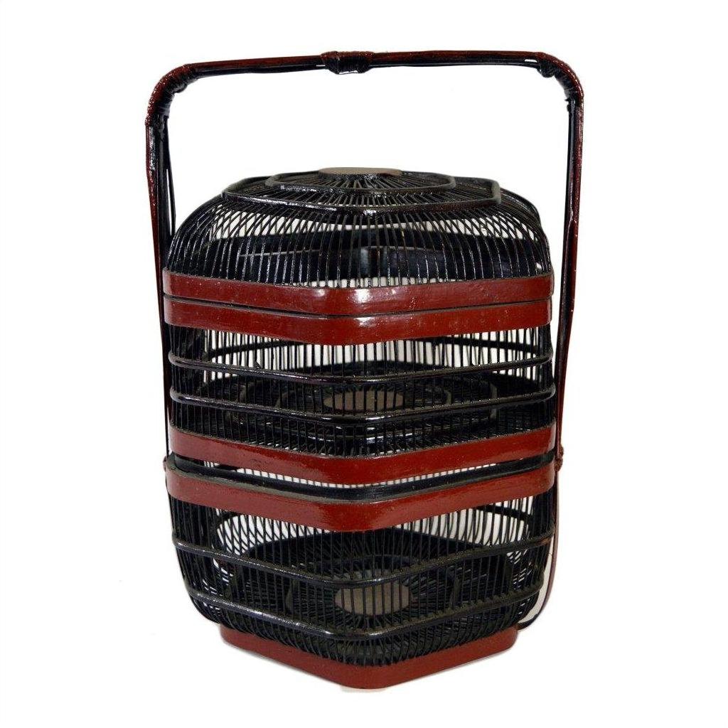 Close-up of a black and red woven Chinese picnic basket with handle, in very good condition.