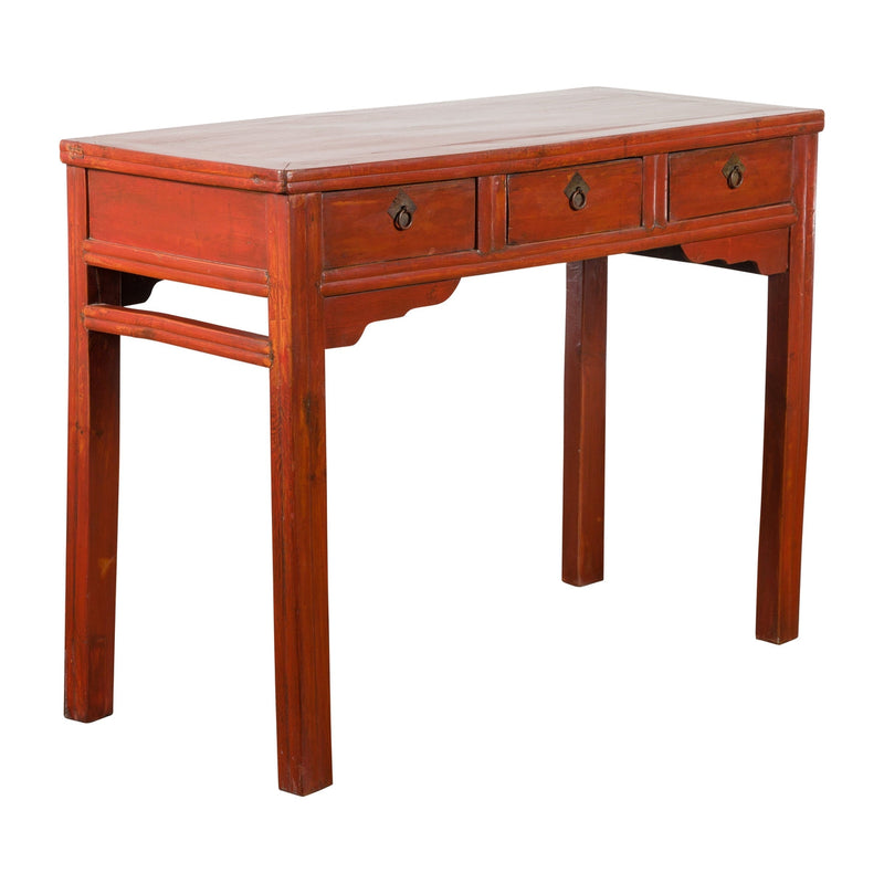 Chinese Qing Dynasty 19th Century Red Orange Lacquered Table with Three Drawers-1. Asian & Chinese Furniture, Art, Antiques, Vintage Home Décor for sale at FEA Home