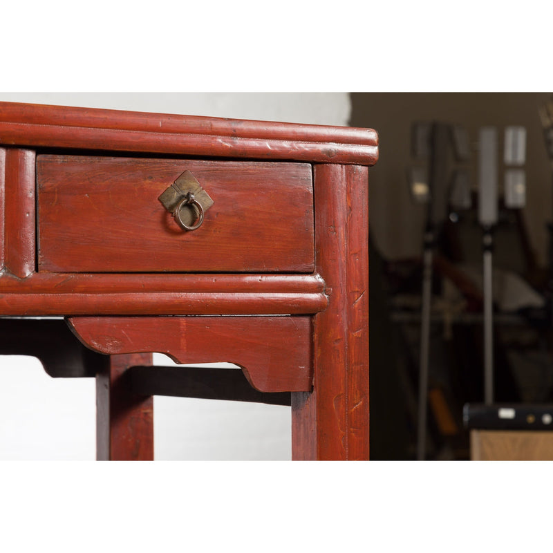 Chinese Qing Dynasty 19th Century Red Orange Lacquered Table with Three Drawers-10. Asian & Chinese Furniture, Art, Antiques, Vintage Home Décor for sale at FEA Home