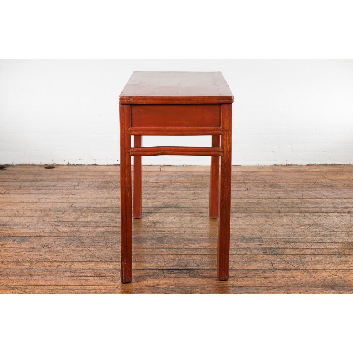 Chinese Qing Dynasty 19th Century Red Orange Lacquered Table with Three Drawers-11. Asian &amp; Chinese Furniture, Art, Antiques, Vintage Home Décor for sale at FEA Home