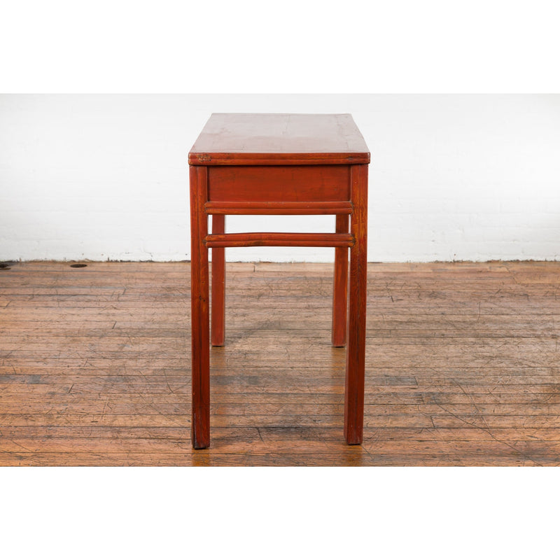 Chinese Qing Dynasty 19th Century Red Orange Lacquered Table with Three Drawers-11. Asian & Chinese Furniture, Art, Antiques, Vintage Home Décor for sale at FEA Home