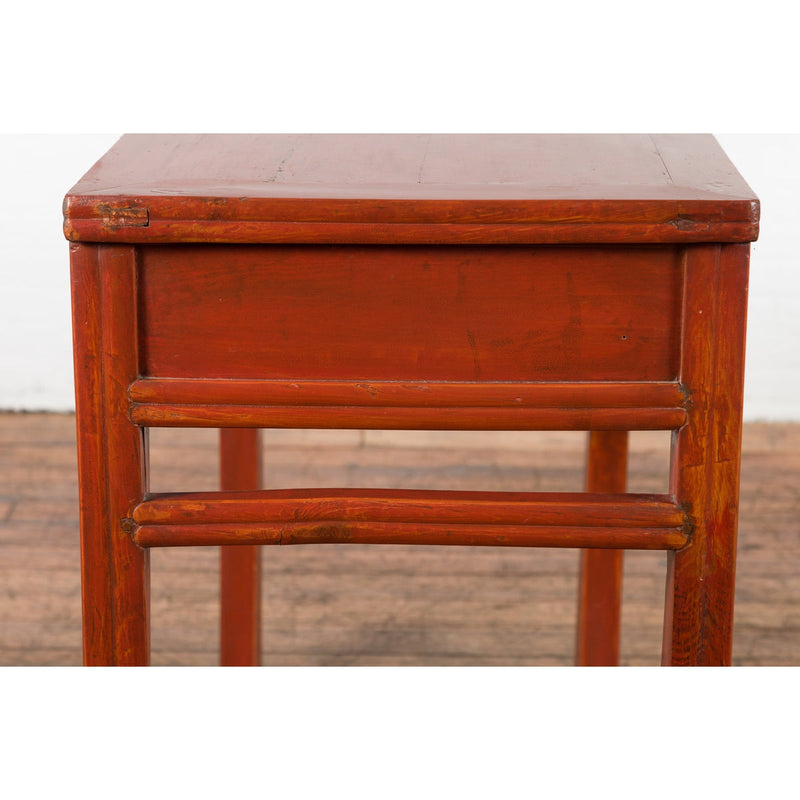 Chinese Qing Dynasty 19th Century Red Orange Lacquered Table with Three Drawers-12. Asian & Chinese Furniture, Art, Antiques, Vintage Home Décor for sale at FEA Home