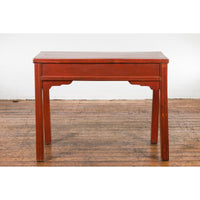 Chinese Qing Dynasty 19th Century Red Orange Lacquered Table with Three Drawers