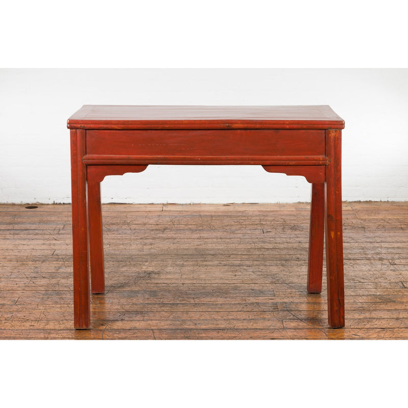 Chinese Qing Dynasty 19th Century Red Orange Lacquered Table with Three Drawers-14. Asian & Chinese Furniture, Art, Antiques, Vintage Home Décor for sale at FEA Home