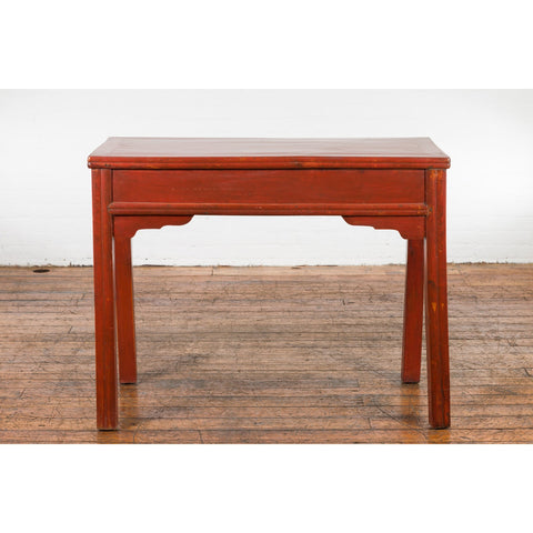 Chinese Qing Dynasty 19th Century Red Orange Lacquered Table with Three Drawers-14. Asian & Chinese Furniture, Art, Antiques, Vintage Home Décor for sale at FEA Home