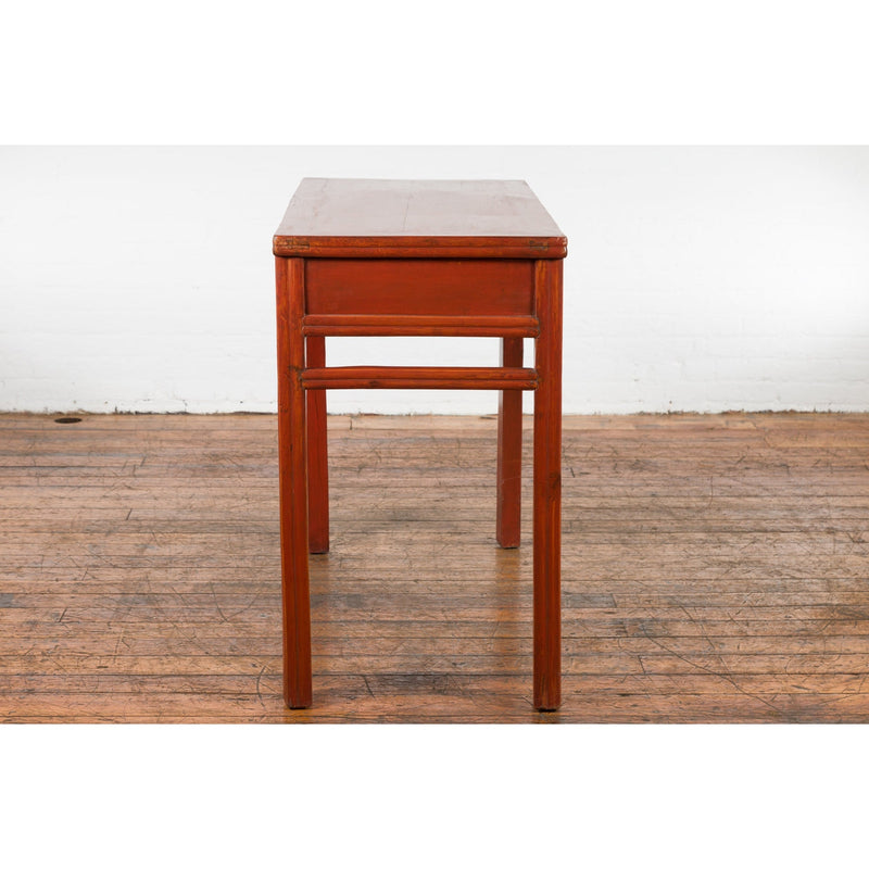 Chinese Qing Dynasty 19th Century Red Orange Lacquered Table with Three Drawers-15. Asian & Chinese Furniture, Art, Antiques, Vintage Home Décor for sale at FEA Home