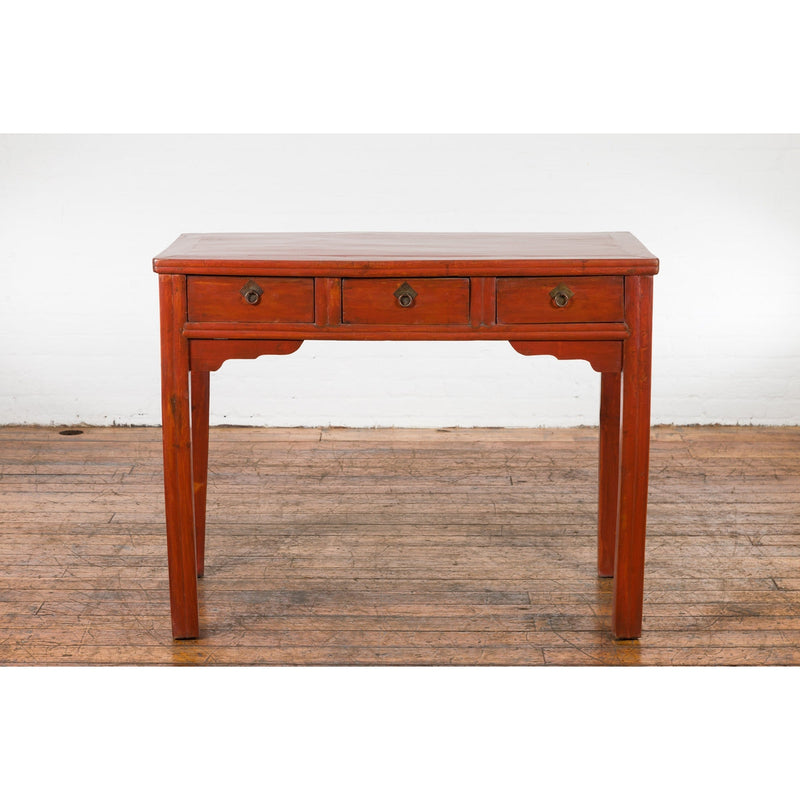 Chinese Qing Dynasty 19th Century Red Orange Lacquered Table with Three Drawers-16. Asian & Chinese Furniture, Art, Antiques, Vintage Home Décor for sale at FEA Home