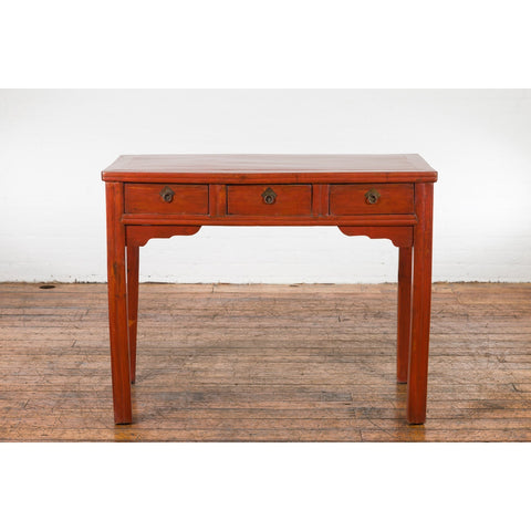 Chinese Qing Dynasty 19th Century Red Orange Lacquered Table with Three Drawers-16. Asian & Chinese Furniture, Art, Antiques, Vintage Home Décor for sale at FEA Home