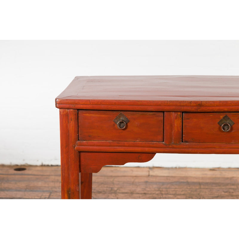Chinese Qing Dynasty 19th Century Red Orange Lacquered Table with Three Drawers-17. Asian & Chinese Furniture, Art, Antiques, Vintage Home Décor for sale at FEA Home