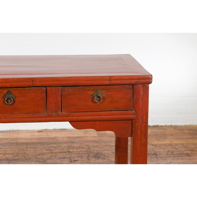 Chinese Qing Dynasty 19th Century Red Orange Lacquered Table with Three Drawers-18. Asian & Chinese Furniture, Art, Antiques, Vintage Home Décor for sale at FEA Home