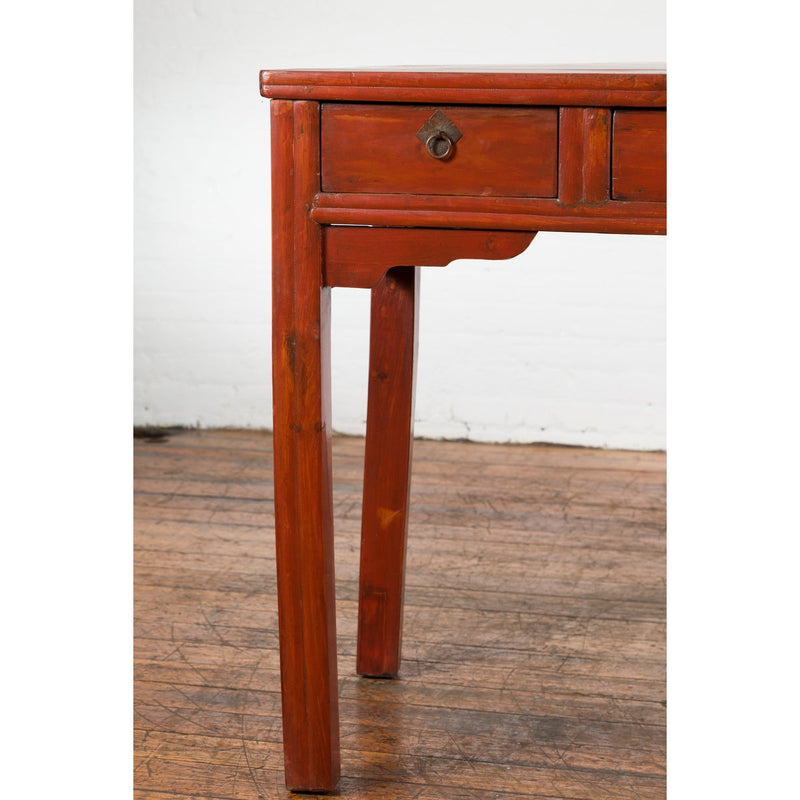 Chinese Qing Dynasty 19th Century Red Orange Lacquered Table with Three Drawers-19. Asian & Chinese Furniture, Art, Antiques, Vintage Home Décor for sale at FEA Home