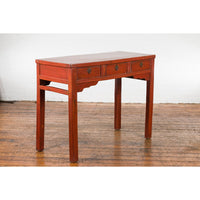 Chinese Qing Dynasty 19th Century Red Orange Lacquered Table with Three Drawers