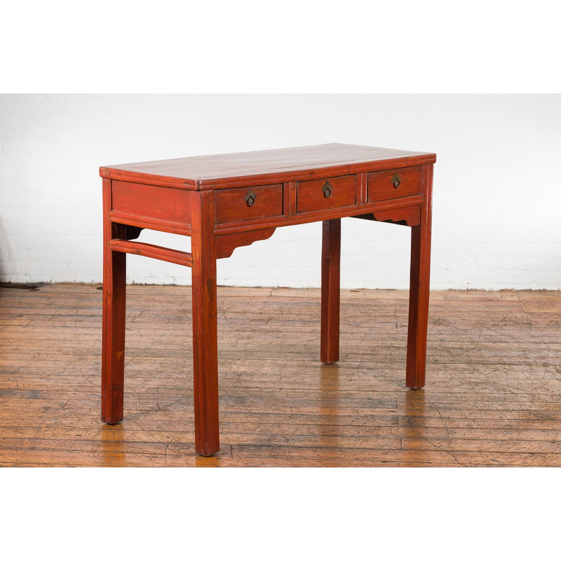 Chinese Qing Dynasty 19th Century Red Orange Lacquered Table with Three Drawers-2. Asian & Chinese Furniture, Art, Antiques, Vintage Home Décor for sale at FEA Home