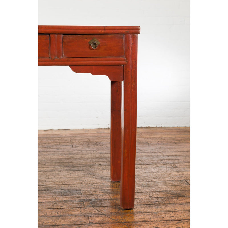 Chinese Qing Dynasty 19th Century Red Orange Lacquered Table with Three Drawers-20. Asian & Chinese Furniture, Art, Antiques, Vintage Home Décor for sale at FEA Home
