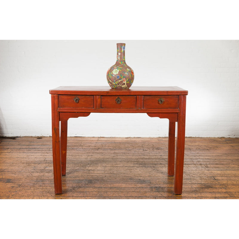 Chinese Qing Dynasty 19th Century Red Orange Lacquered Table with Three Drawers-3. Asian & Chinese Furniture, Art, Antiques, Vintage Home Décor for sale at FEA Home
