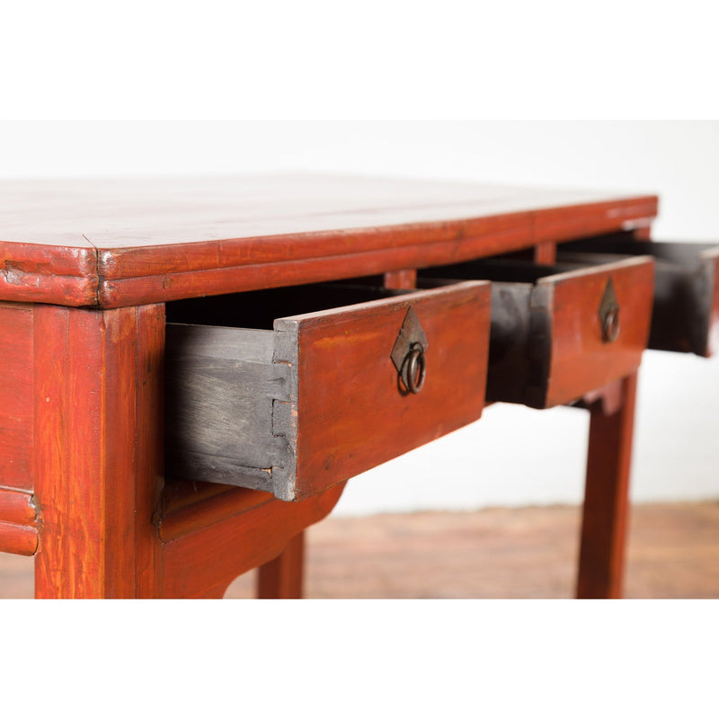 Chinese Qing Dynasty 19th Century Red Orange Lacquered Table with Three Drawers-4. Asian & Chinese Furniture, Art, Antiques, Vintage Home Décor for sale at FEA Home