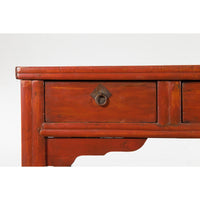 Chinese Qing Dynasty 19th Century Red Orange Lacquered Table with Three Drawers