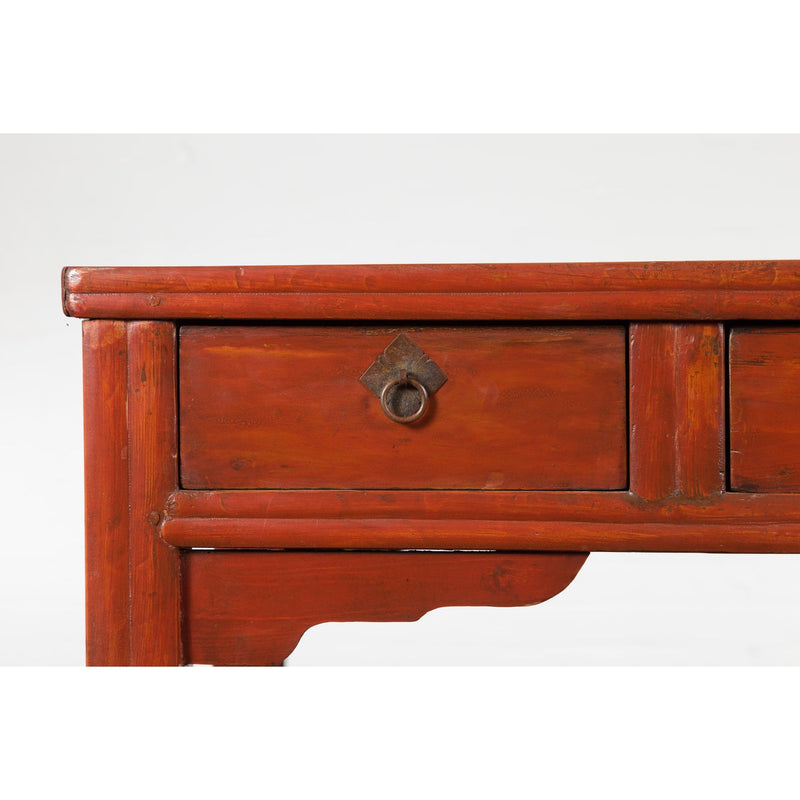 Chinese Qing Dynasty 19th Century Red Orange Lacquered Table with Three Drawers-5. Asian & Chinese Furniture, Art, Antiques, Vintage Home Décor for sale at FEA Home