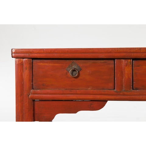 Chinese Qing Dynasty 19th Century Red Orange Lacquered Table with Three Drawers-5. Asian & Chinese Furniture, Art, Antiques, Vintage Home Décor for sale at FEA Home