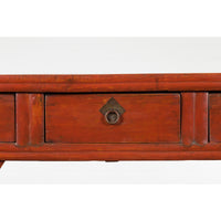Chinese Qing Dynasty 19th Century Red Orange Lacquered Table with Three Drawers