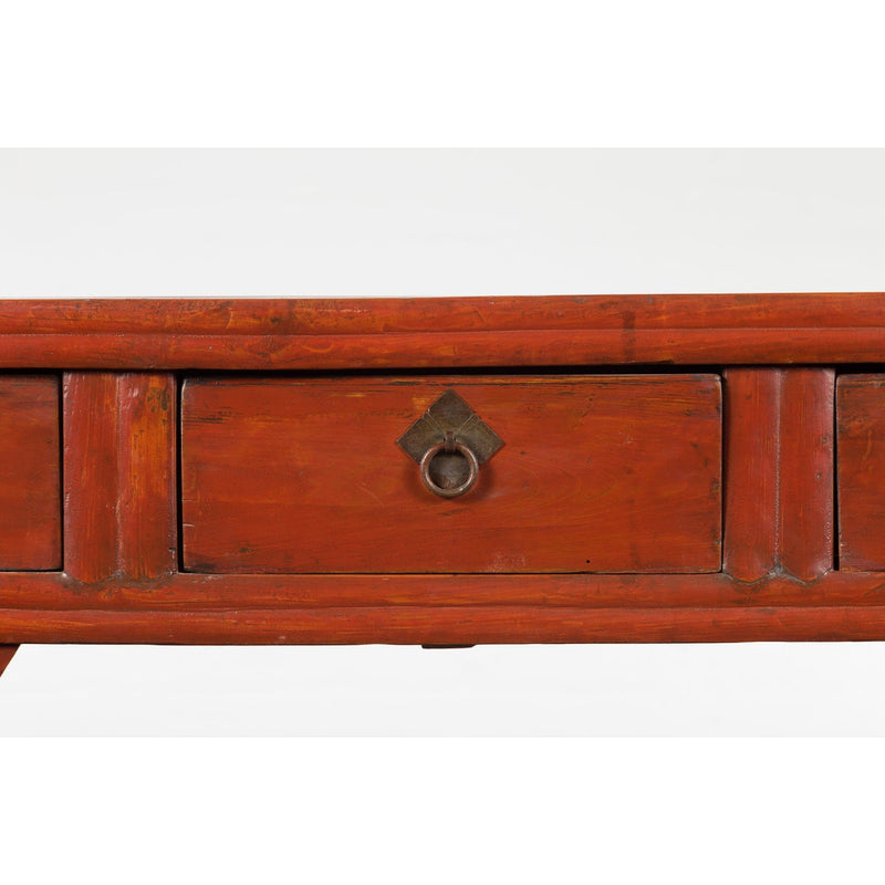 Chinese Qing Dynasty 19th Century Red Orange Lacquered Table with Three Drawers-6. Asian & Chinese Furniture, Art, Antiques, Vintage Home Décor for sale at FEA Home