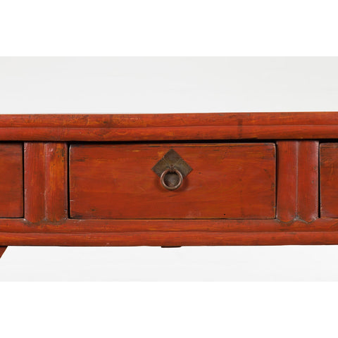 Chinese Qing Dynasty 19th Century Red Orange Lacquered Table with Three Drawers-6. Asian & Chinese Furniture, Art, Antiques, Vintage Home Décor for sale at FEA Home