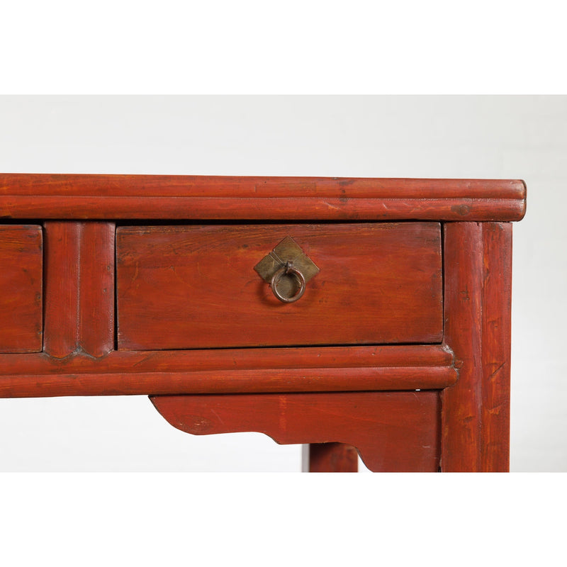 Chinese Qing Dynasty 19th Century Red Orange Lacquered Table with Three Drawers-7. Asian & Chinese Furniture, Art, Antiques, Vintage Home Décor for sale at FEA Home