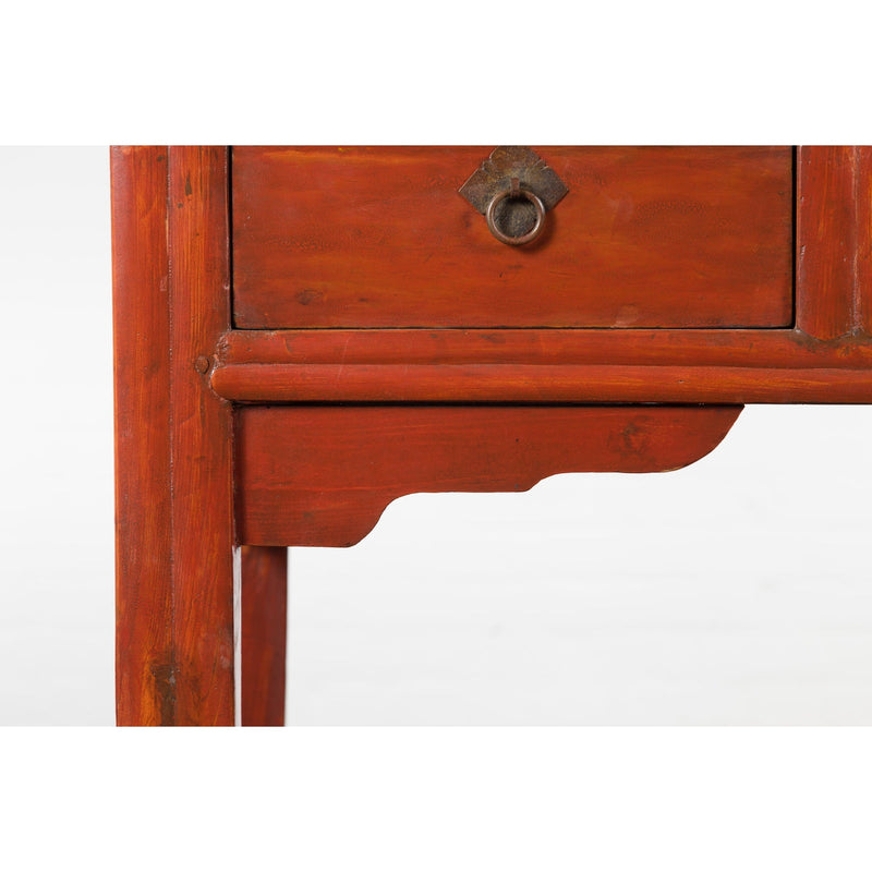Chinese Qing Dynasty 19th Century Red Orange Lacquered Table with Three Drawers-8. Asian & Chinese Furniture, Art, Antiques, Vintage Home Décor for sale at FEA Home