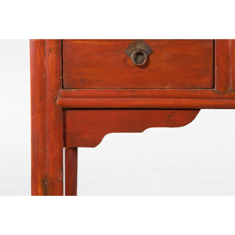 Chinese Qing Dynasty 19th Century Red Orange Lacquered Table with Three Drawers-8. Asian & Chinese Furniture, Art, Antiques, Vintage Home Décor for sale at FEA Home