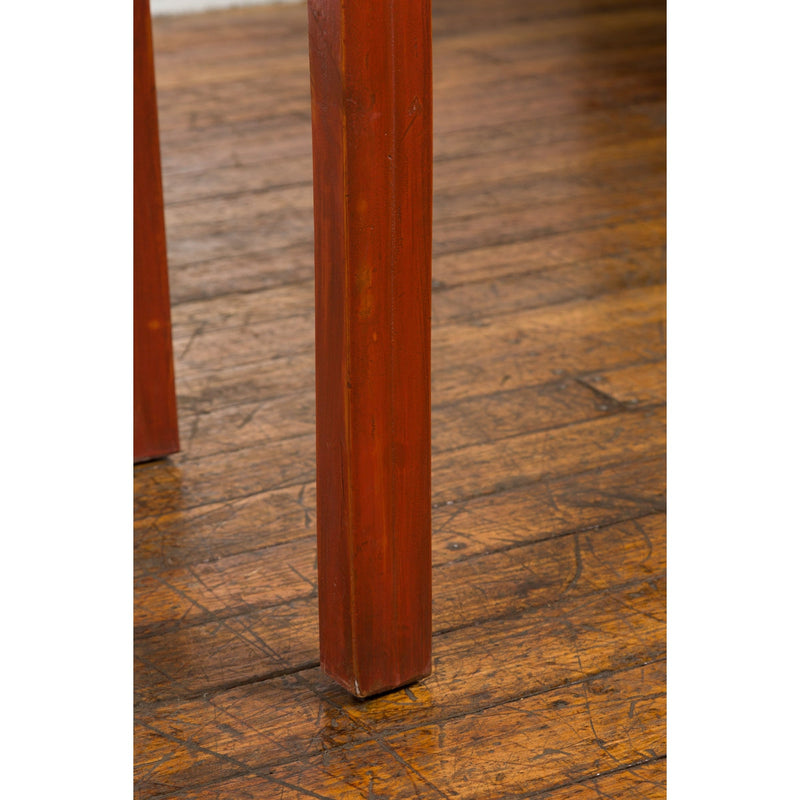 Chinese Qing Dynasty 19th Century Red Orange Lacquered Table with Three Drawers-9. Asian & Chinese Furniture, Art, Antiques, Vintage Home Décor for sale at FEA Home