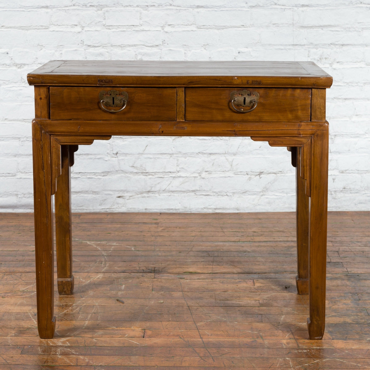 Chinese Qing Dynasty 19th Century Two-Drawer Desk with Bronze Butterfly Hardware-2. Asian & Chinese Furniture, Art, Antiques, Vintage Home Décor for sale at FEA Home