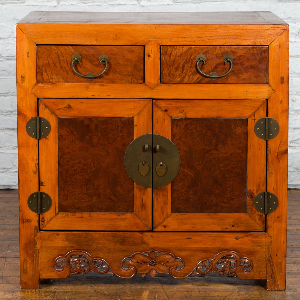 Chinese Qing Dynasty 19th Century Two-Toned Elm Cabinet with Burl Wood Accents-2. Asian & Chinese Furniture, Art, Antiques, Vintage Home Décor for sale at FEA Home