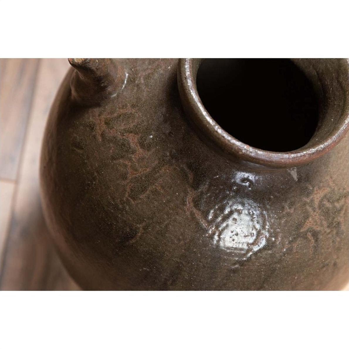 Close-up of glossy, glazed Chinese Qing Dynasty water jug with petite spout, showing textured surface details.