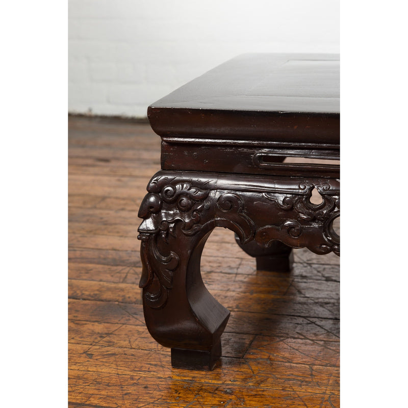 Chinese Qing Dynasty Low Kang Coffee Table with Carved Apron and Dark Lacquer-YN4014-10. Asian & Chinese Furniture, Art, Antiques, Vintage Home Décor for sale at FEA Home