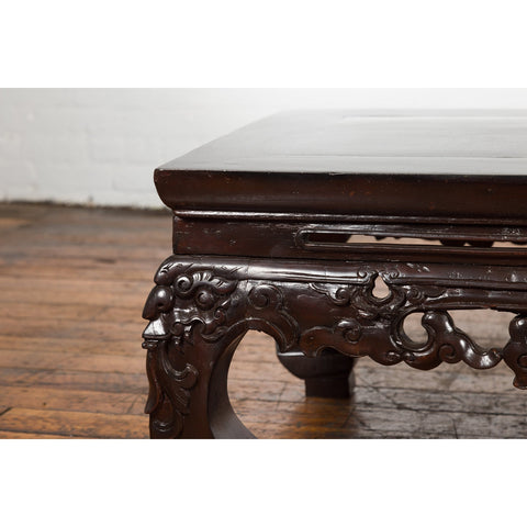 Chinese Qing Dynasty Low Kang Coffee Table with Carved Apron and Dark Lacquer-YN4014-13. Asian & Chinese Furniture, Art, Antiques, Vintage Home Décor for sale at FEA Home