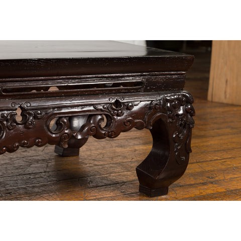 Chinese Qing Dynasty Low Kang Coffee Table with Carved Apron and Dark Lacquer-YN4014-16. Asian & Chinese Furniture, Art, Antiques, Vintage Home Décor for sale at FEA Home