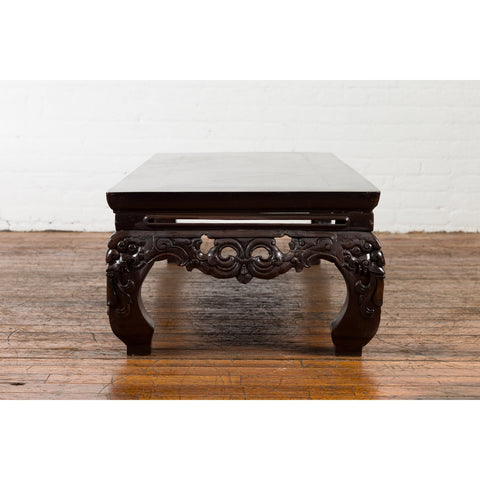 Chinese Qing Dynasty Low Kang Coffee Table with Carved Apron and Dark Lacquer-YN4014-19. Asian & Chinese Furniture, Art, Antiques, Vintage Home Décor for sale at FEA Home
