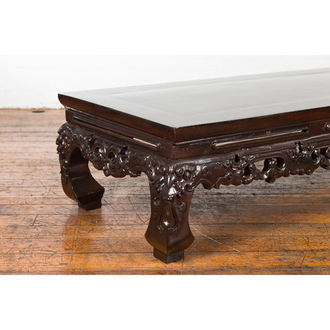 Chinese Qing Dynasty Low Kang Coffee Table with Carved Apron and Dark Lacquer-YN4014-7. Asian & Chinese Furniture, Art, Antiques, Vintage Home Décor for sale at FEA Home