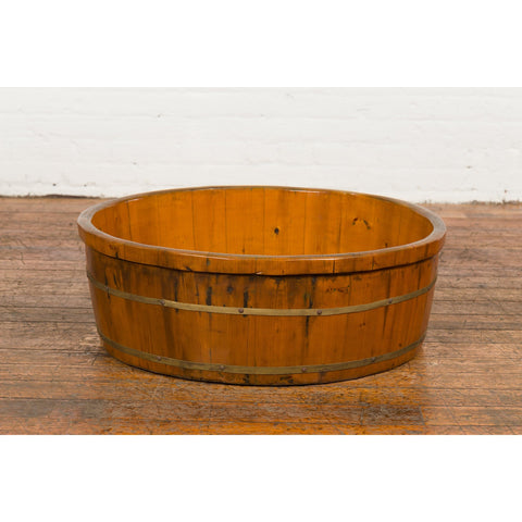 Chinese Qing Dynasty Period 19th Century Elm Round Rice Tray with Brass Braces-YN7701-2. Asian & Chinese Furniture, Art, Antiques, Vintage Home Décor for sale at FEA Home