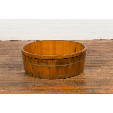 Chinese Qing Dynasty Period 19th Century Elm Round Rice Tray with Brass Braces-YN7701-9. Asian & Chinese Furniture, Art, Antiques, Vintage Home Décor for sale at FEA Home