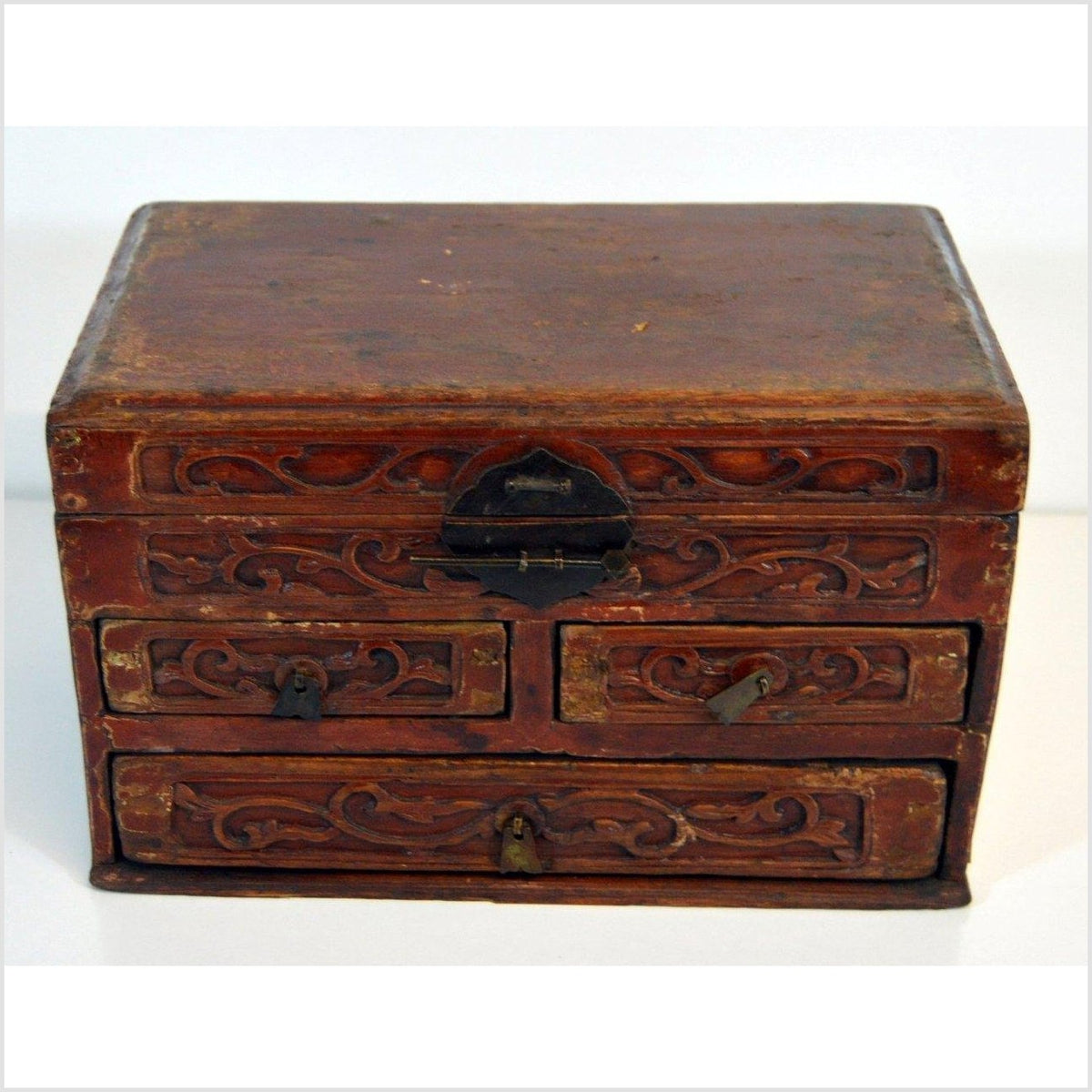 Chinese Red Brown Lacquer Jewelry Box with Iron Hardware, Early 20th Century-1. Asian & Chinese Furniture, Art, Antiques, Vintage Home Décor for sale at FEA Home
