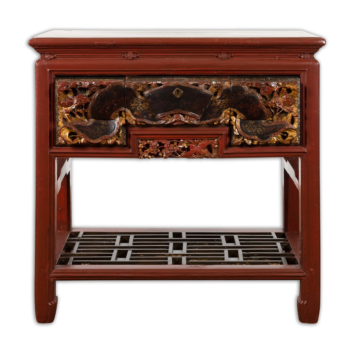 Chinese Red Lacquered Console Table with Hand Carved Drawers and Geometric Shelf-1. Asian & Chinese Furniture, Art, Antiques, Vintage Home Décor for sale at FEA Home
