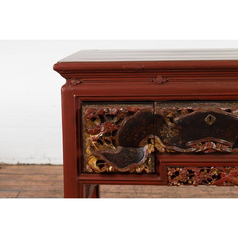 This-is-a-picture-of-a-Chinese Red Lacquered Console Table with Hand Carved Drawers and Geometric Shelf-image-position-10-style-YN6167-Shop-for-Vintage-and-Antique-Asian-and-Chinese-Furniture-for-sale-at-FEA Home-NYC