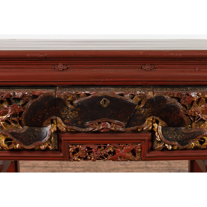 This-is-a-picture-of-a-Chinese Red Lacquered Console Table with Hand Carved Drawers and Geometric Shelf-image-position-11-style-YN6167-Shop-for-Vintage-and-Antique-Asian-and-Chinese-Furniture-for-sale-at-FEA Home-NYC