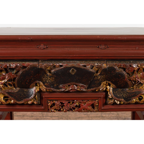 This-is-a-picture-of-a-Chinese Red Lacquered Console Table with Hand Carved Drawers and Geometric Shelf-image-position-11-style-YN6167-Shop-for-Vintage-and-Antique-Asian-and-Chinese-Furniture-for-sale-at-FEA Home-NYC