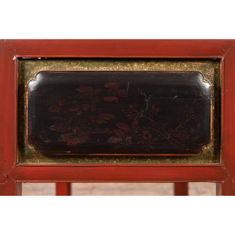 This-is-a-picture-of-a-Chinese Red Lacquered Console Table with Hand Carved Drawers and Geometric Shelf-image-position-12-style-YN6167-Shop-for-Vintage-and-Antique-Asian-and-Chinese-Furniture-for-sale-at-FEA Home-NYC
